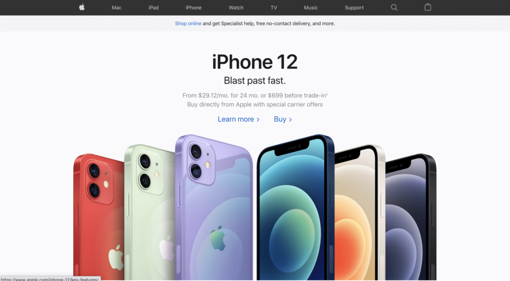 Image of Apple's homepage displaying multiple brightly colored cell phones.