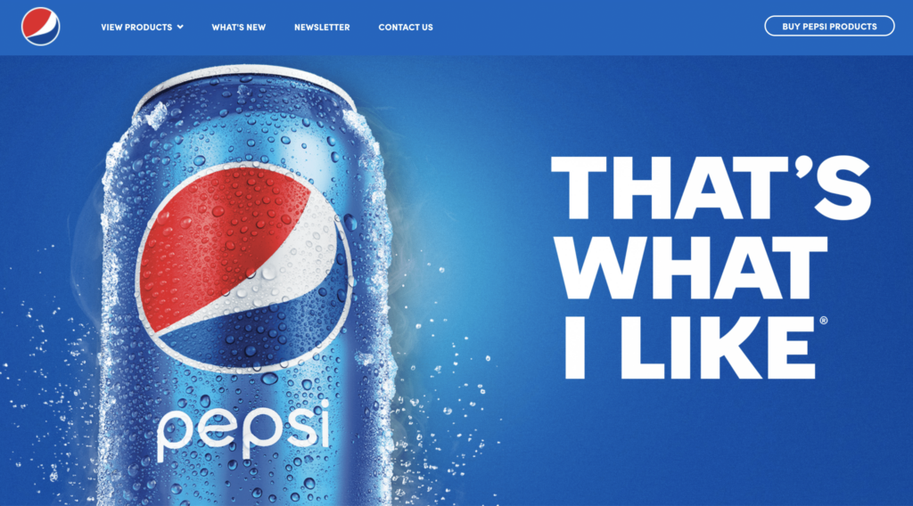 Image of Pepsi's homepage with a hero image that says, 