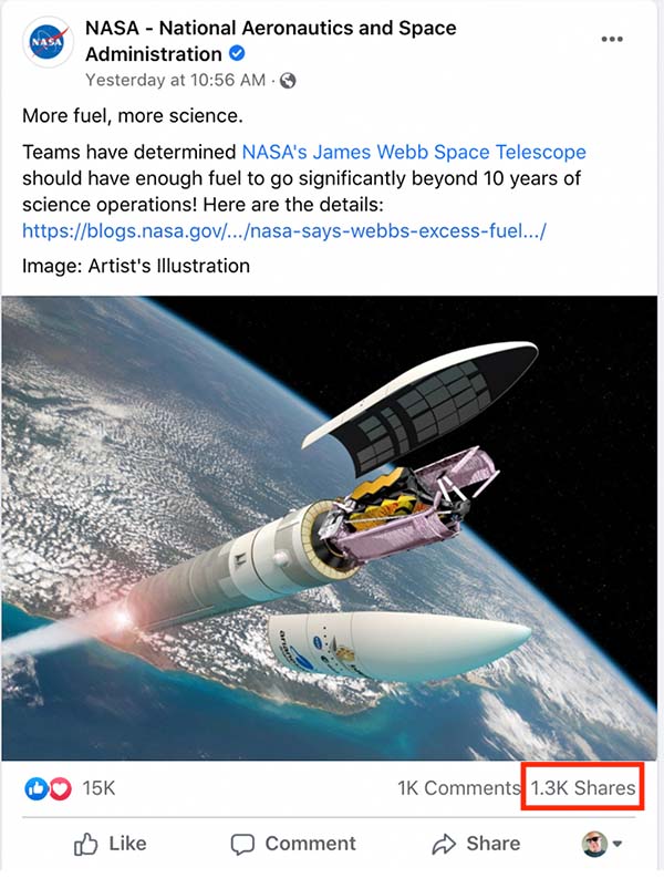 NASA FB post showing a lot of sharing